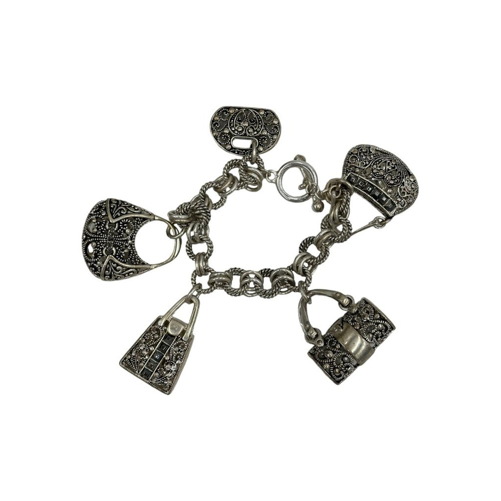 Silver Tone Charm Bracelet w Toggle Closure 5 Purse Handbag Dangling Charms